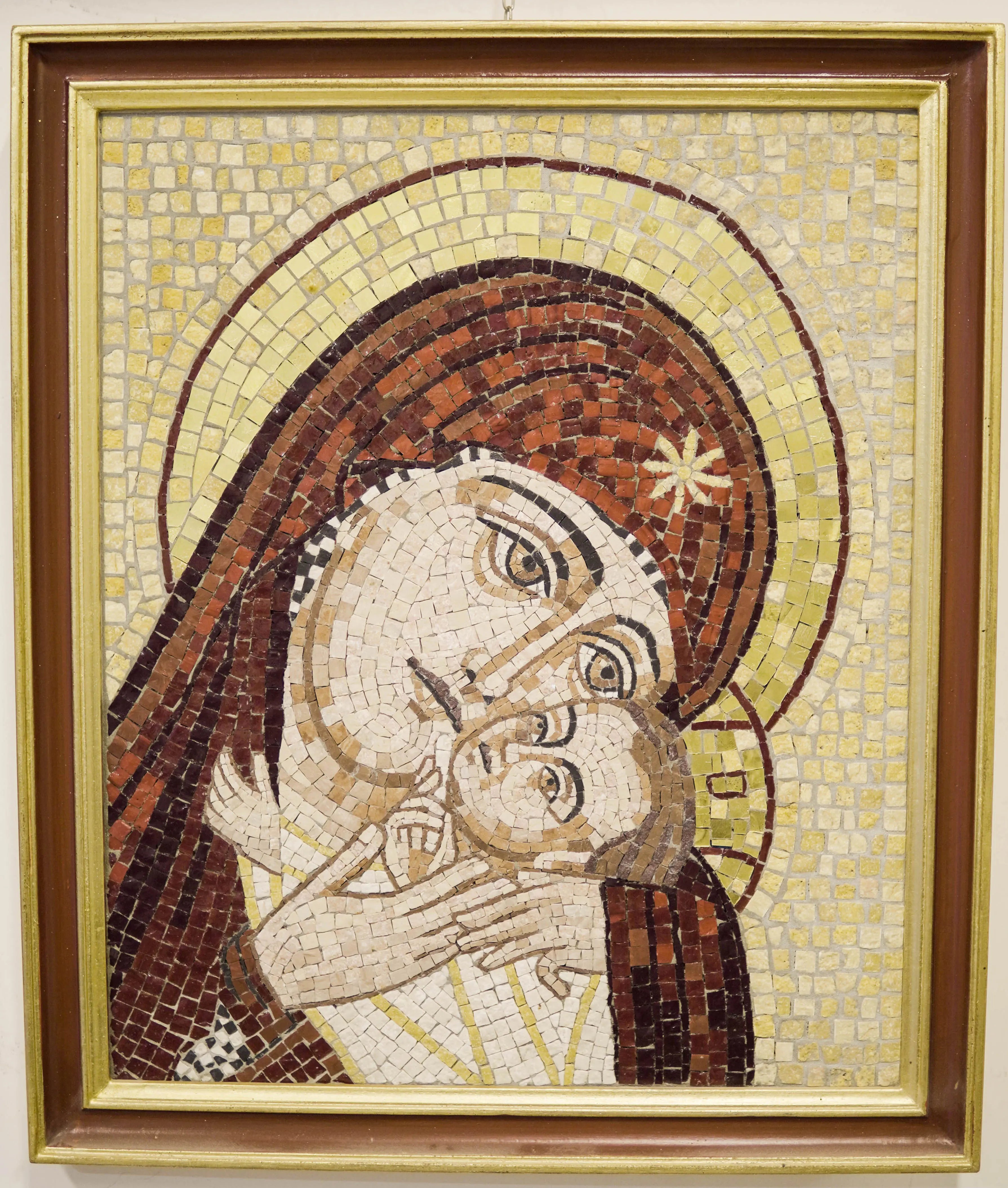 Original Roman mosaic artwork depicting the Byzantine Madonna, handcrafted by Fabio Bordi