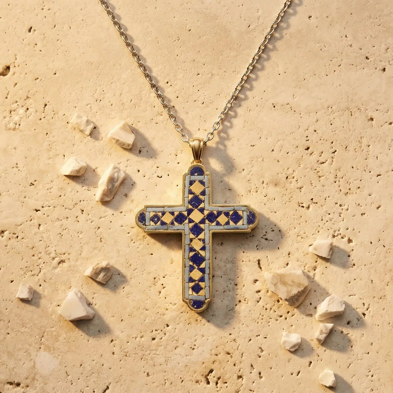 Mosaic pendant hanging, showing intricate micro-tesserae pattern, made in Rome
