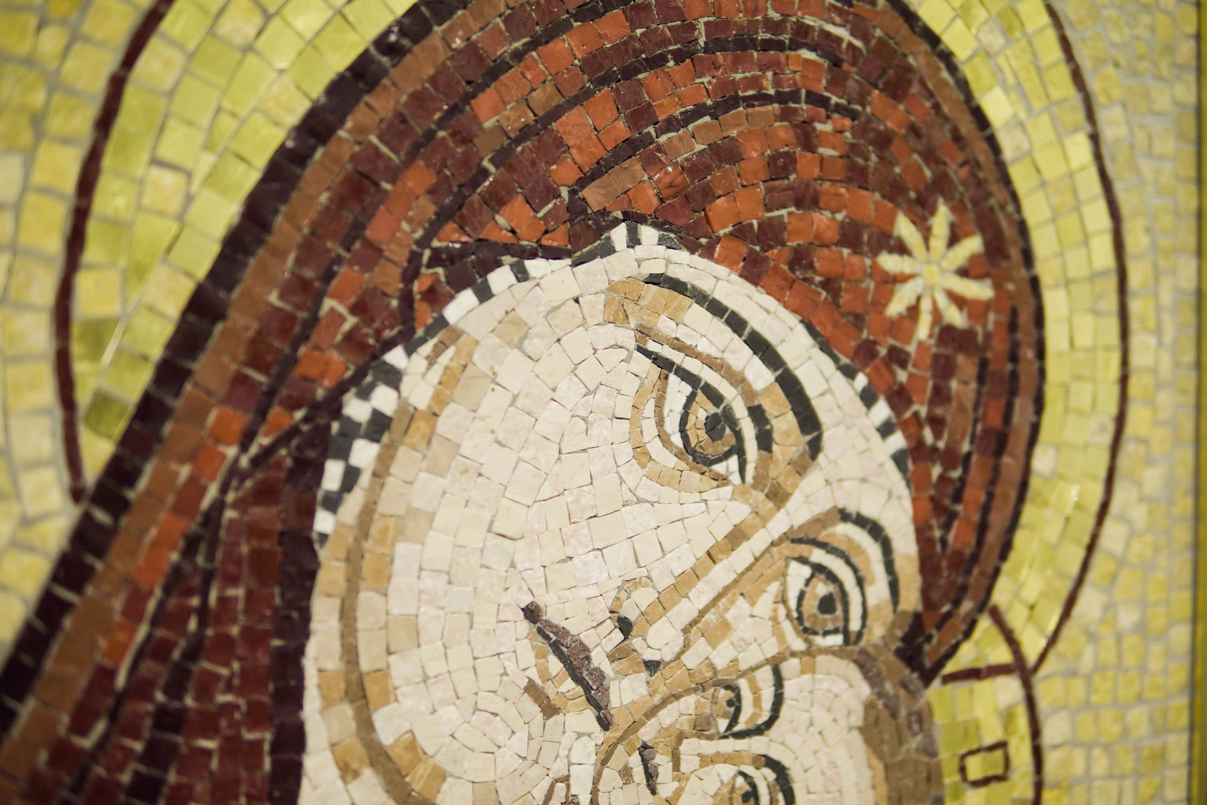 Full view of The Byzantine Madonna mosaic panel, ancient technique, Made in Italy