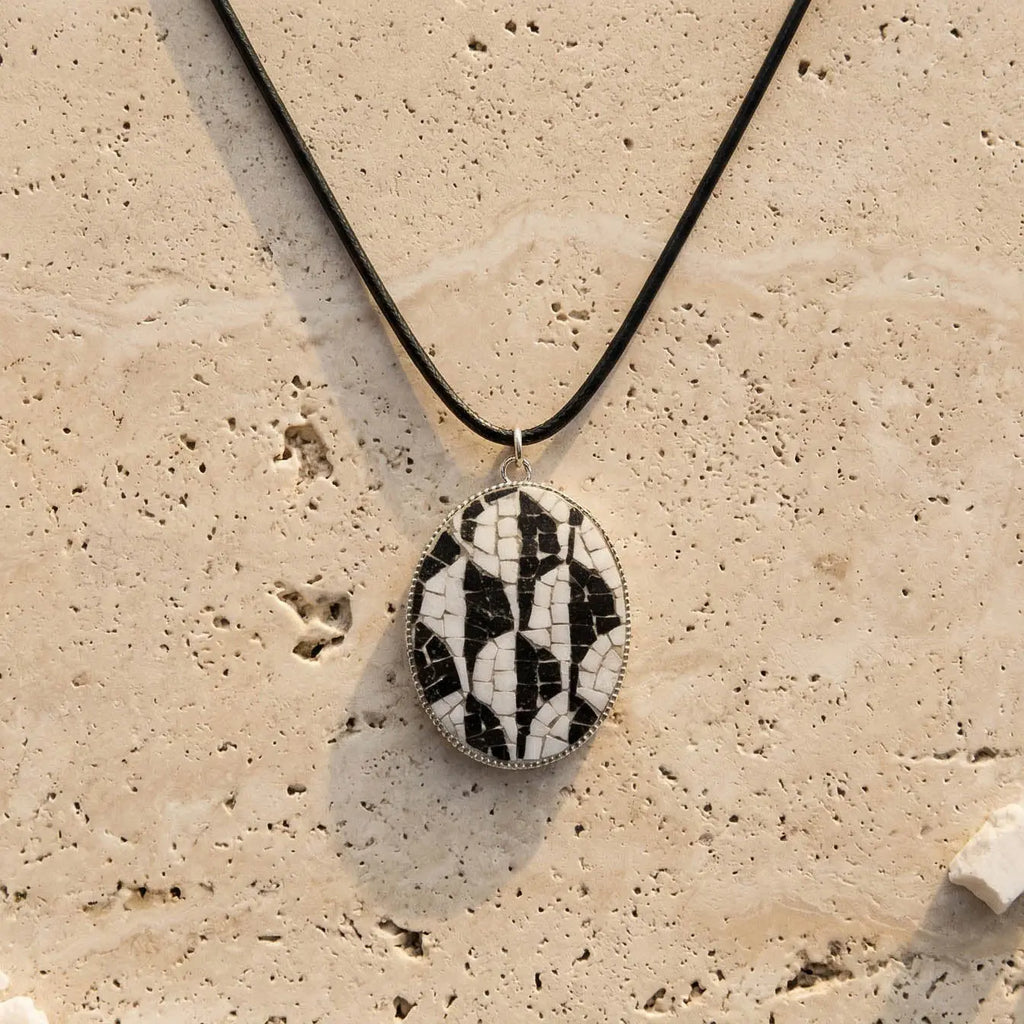 Mosaic pendant on leather cord, artisan jewellery Made in Italy