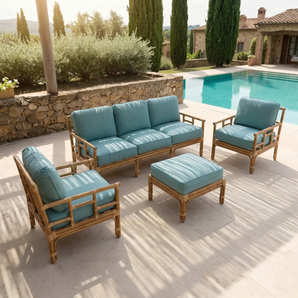 Custom rattan living composition with matching chairs and low table, Roman workshop