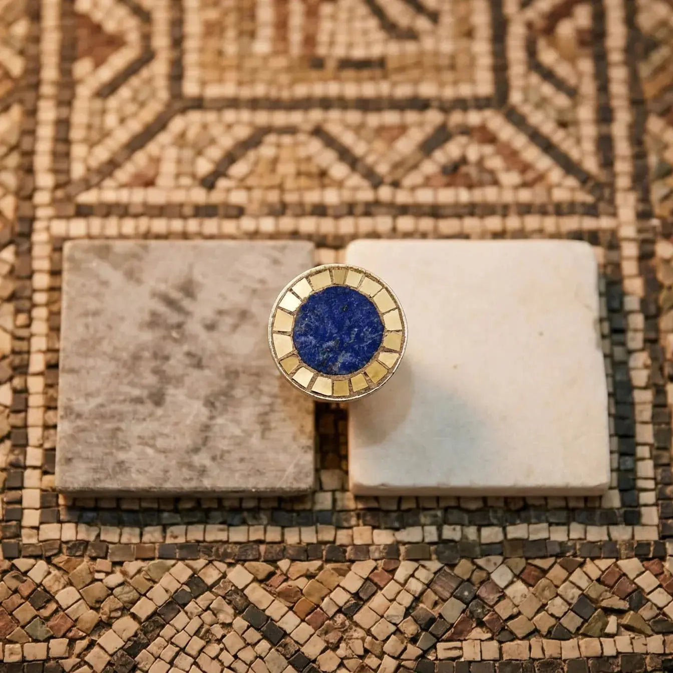 Handcrafted Roman mosaic ring with polychrome marble and Venetian glass enamel tesserae