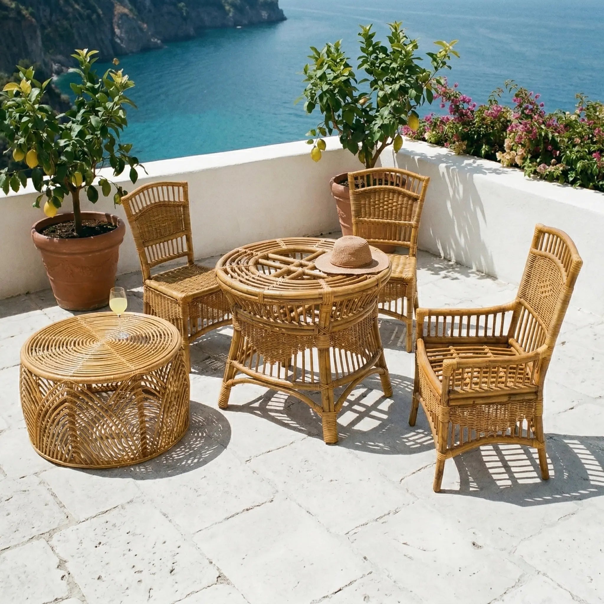 Outdoor rattan patio furniture set with four chairs and two tables on a terrace overlooking the sea