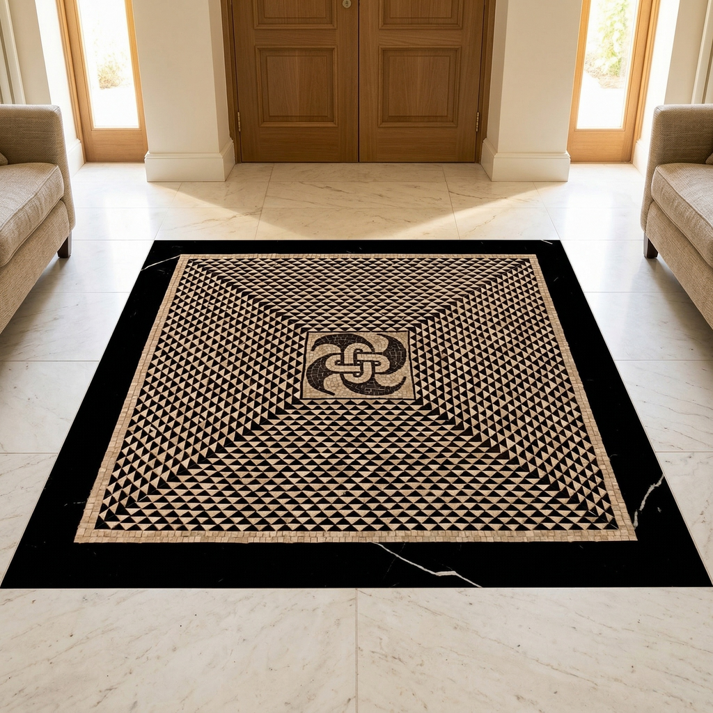 Handcrafted Roman mosaic surface with geometric pattern, made in Rome by Fabio Bordi