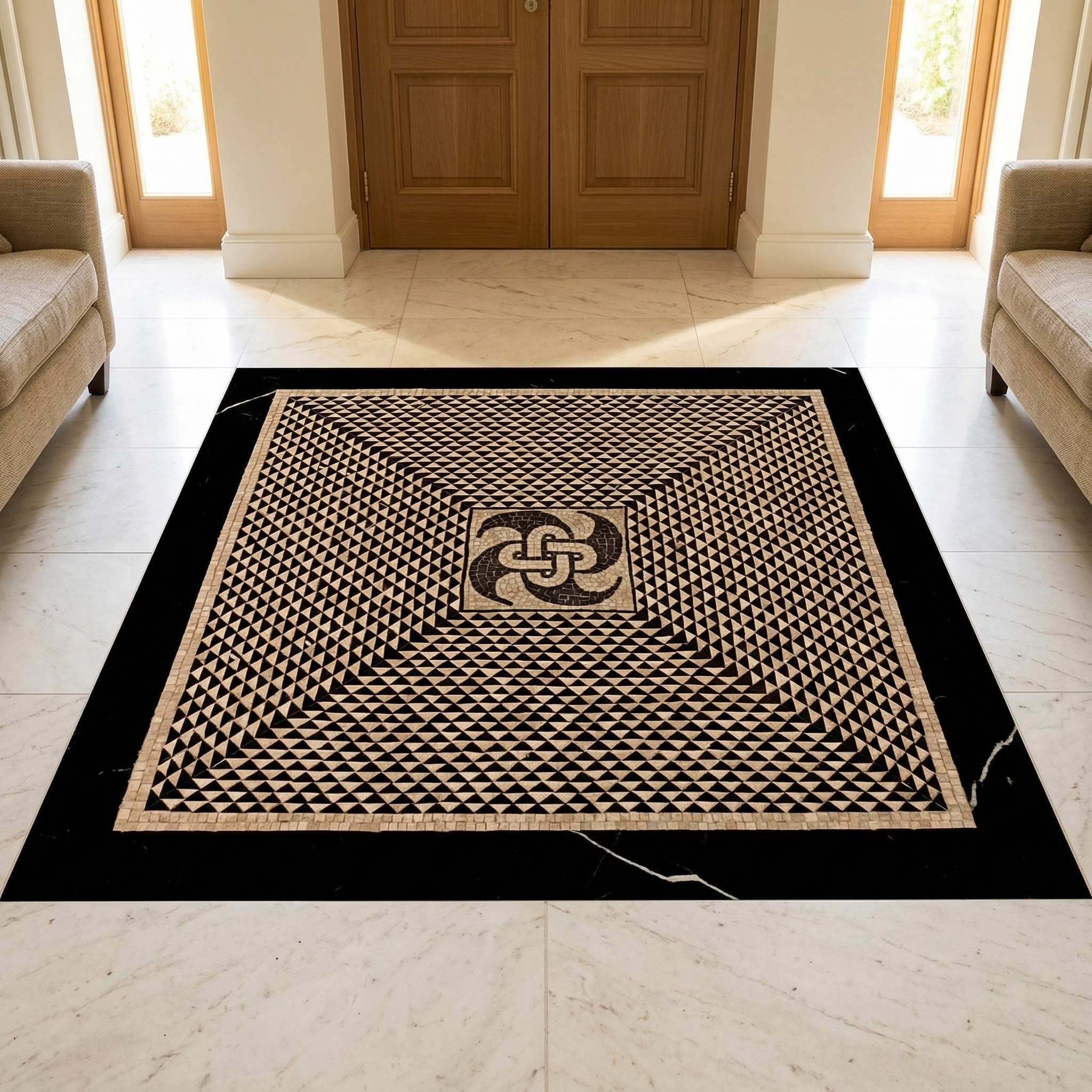 Handcrafted Roman mosaic surface with geometric pattern, made in Rome by Fabio Bordi