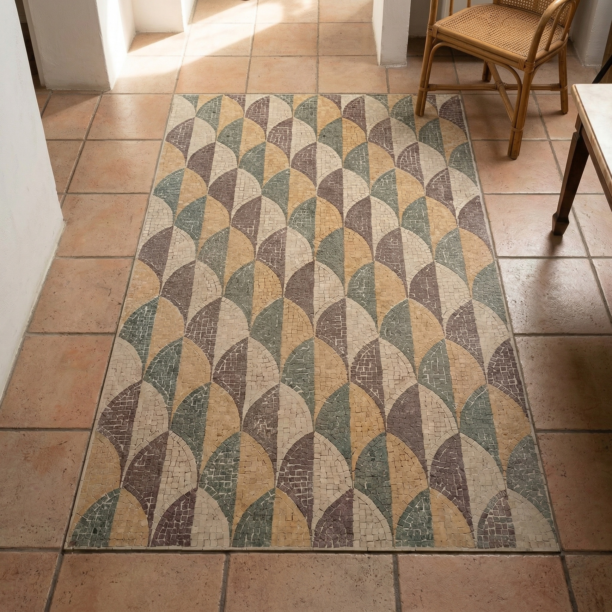 Handcrafted Roman mosaic surface with geometric pattern, made in Rome by Fabio Bordi