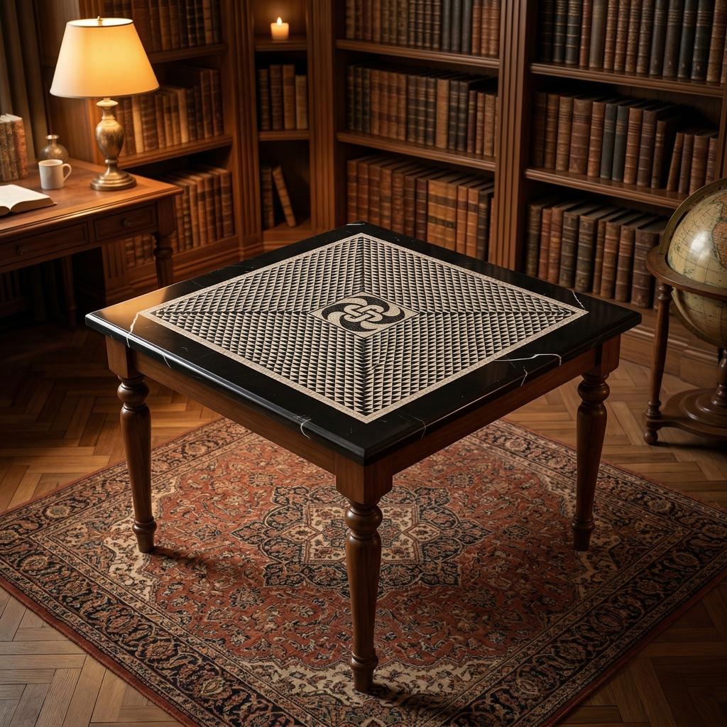 Handcrafted Roman mosaic tabletop with geometric pattern, made in Rome by Fabio Bordi