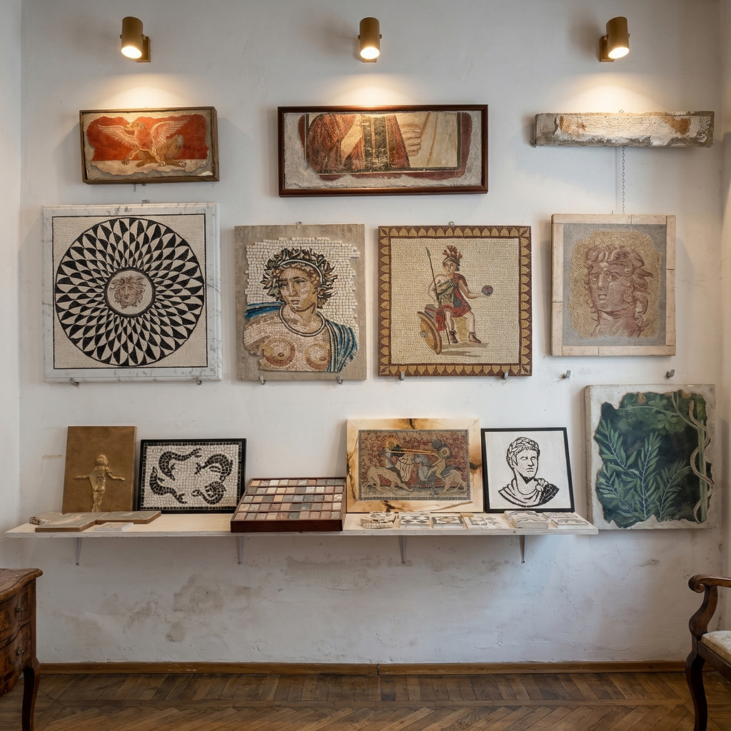 Roman mosaic panels gallery wall on white plaster background, bespoke Italian mosaic artwork