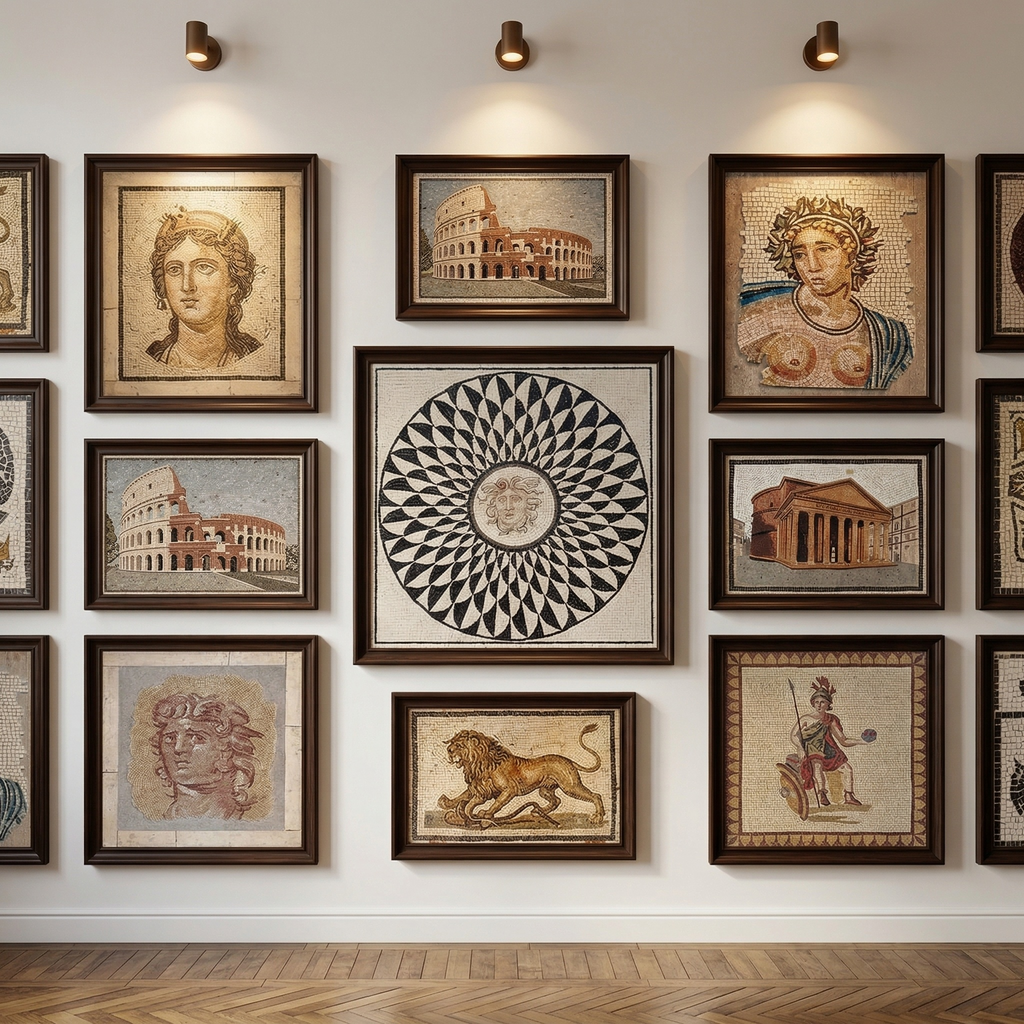 Roman mosaic art panels displayed in luxury dark wood frames, custom mosaic wall decor
