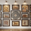 Roman mosaic art panels displayed in luxury dark wood frames, custom mosaic wall decor