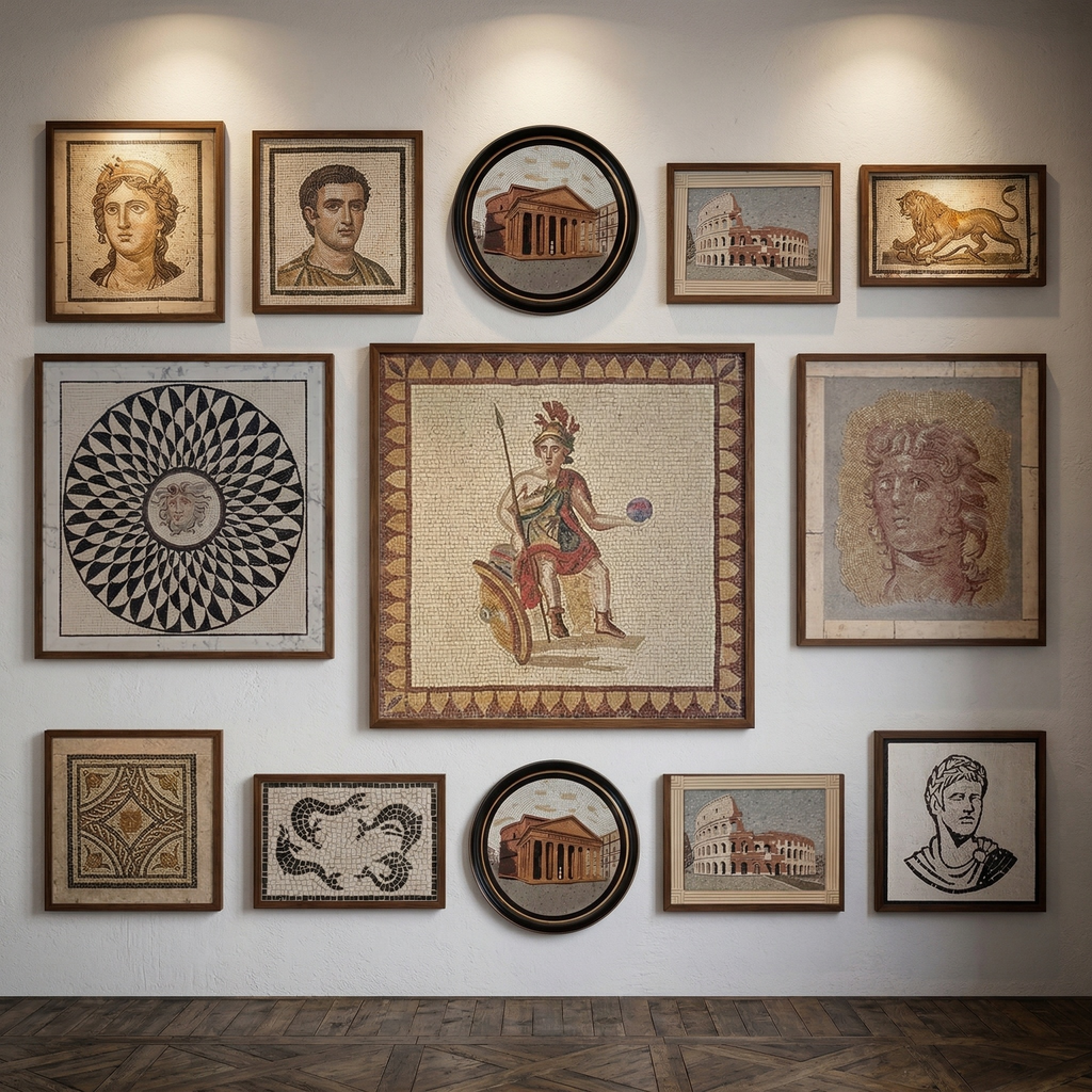 Multiple Roman mosaic artwork panels in elegant dark wooden frames, handmade in Rome Italy